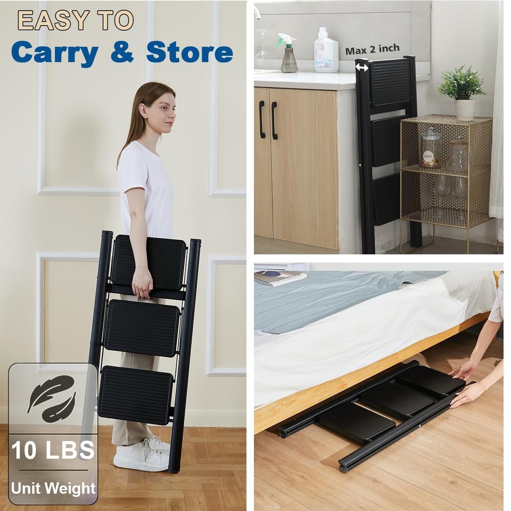 Step Ladder 3 Step Folding, Sturdy 330 Lbs Load Small Step Stool for Adults, ...