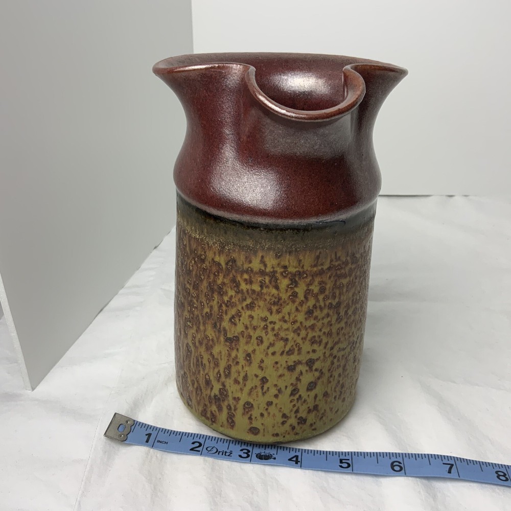Speckled Brown Two Tone Art Pottery Pitcher Signed DA