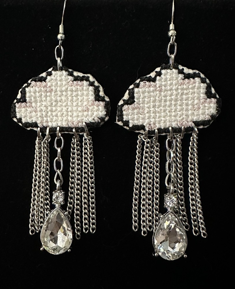 Embroidered Rain Cloud Chain & Teardrop Crystal Dangle Drop Hook Earrings