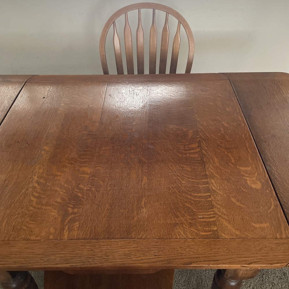 Vintage Solid Oak Dining Rectangle 59.25” Table. 4 Arrowback Chairs. Made Taiwan