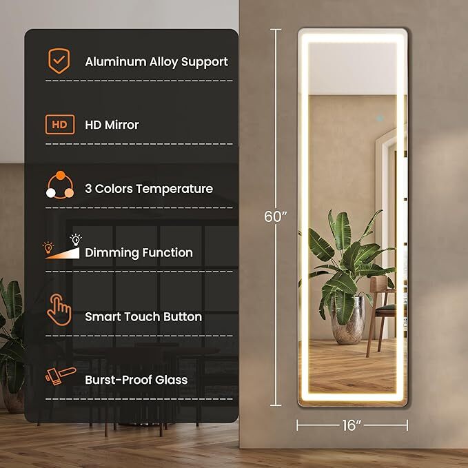 Mirror Full Length Standing Mirror with LED Lights Lighted Floor Standing Mirror
