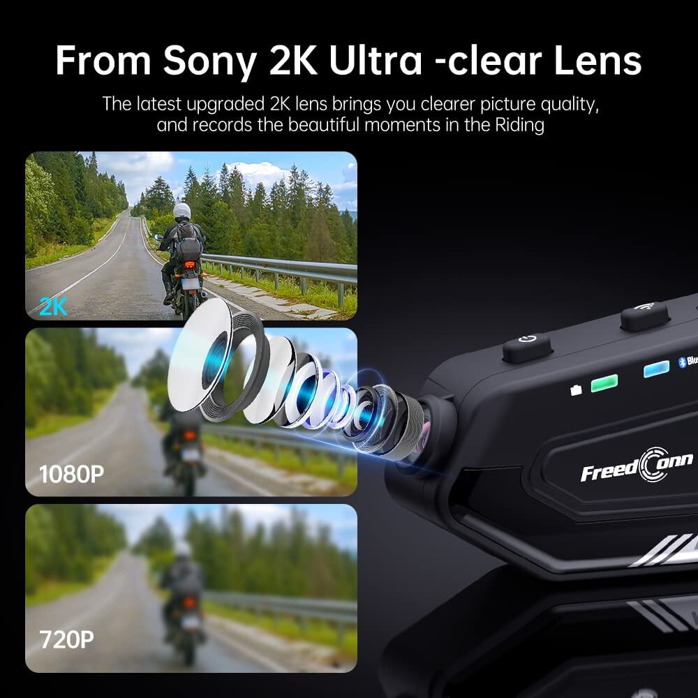 Bluetooth Motorcycle Intercom Headset Helmet Communication 2K Camera Recorder