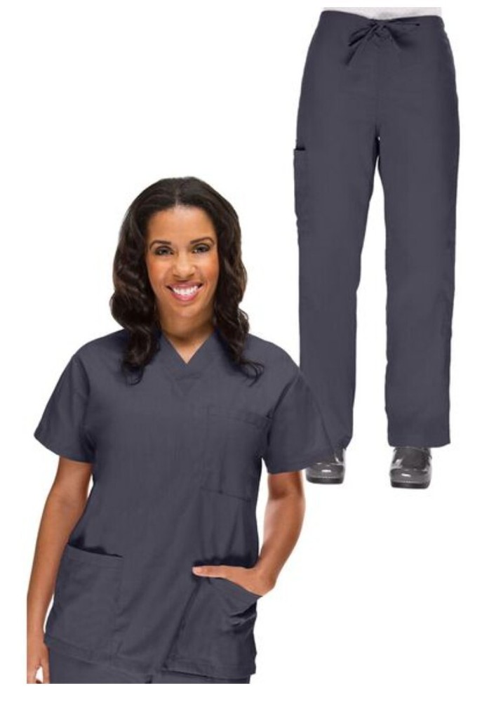 Women's V-Neck Scrub Top & Drawstring Cargo Scrub Pant Set, PEW Pewter, Size XL