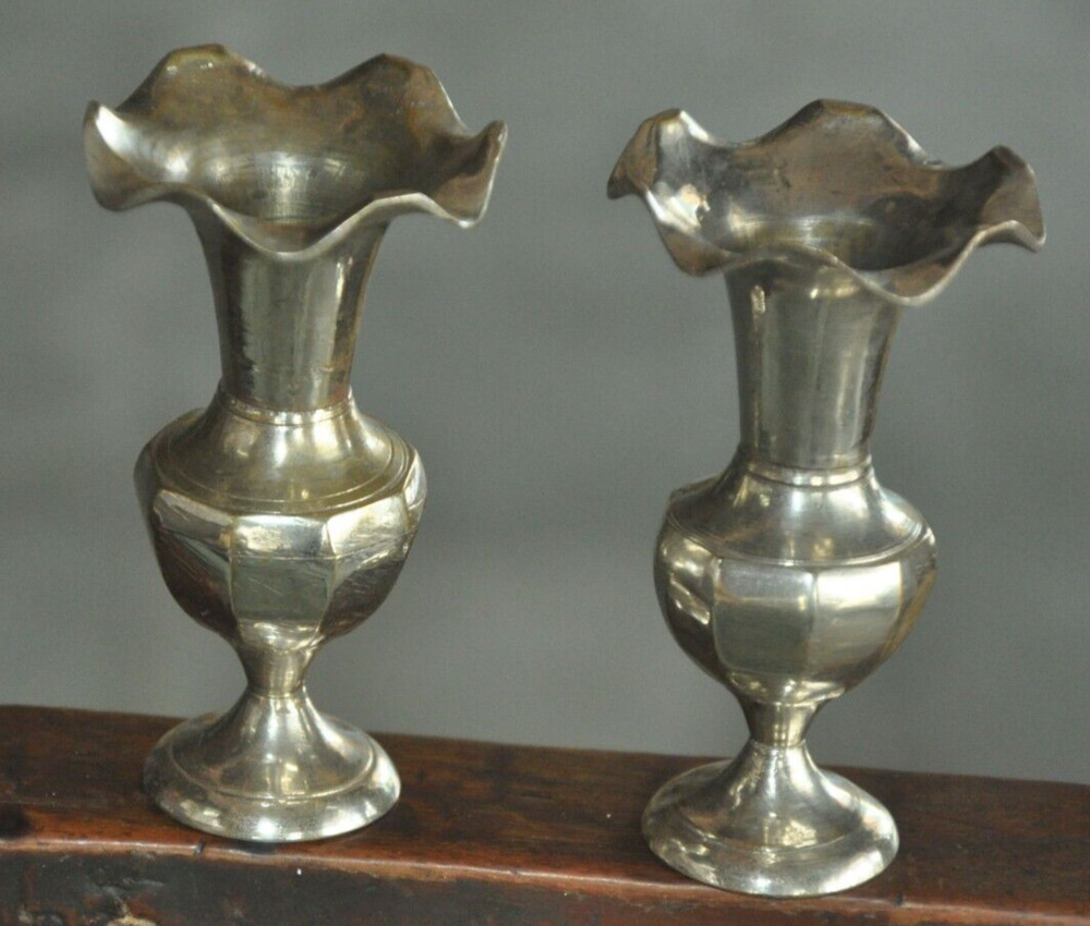 2 Pc Brass Small Nickel Plated Handcrafted Flower Vase / Pots