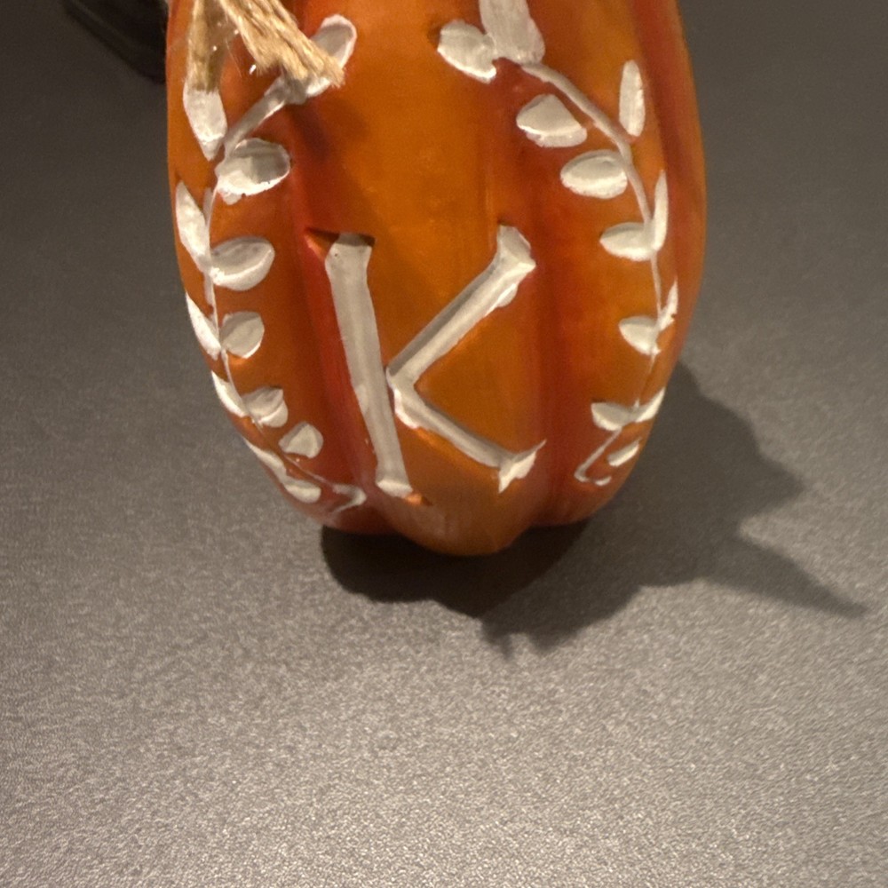 Monogram “K” Decorative Pumpkin With Leaf Design Orange Fall Traditional