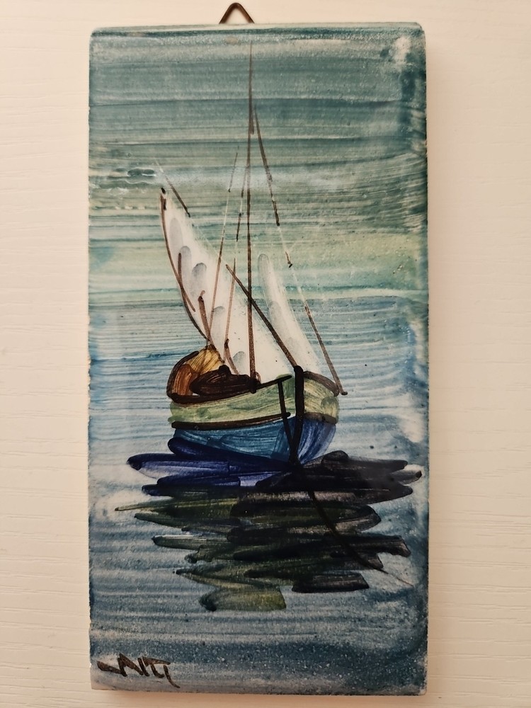 Vintage Handpainted Tile Sailboat Signed