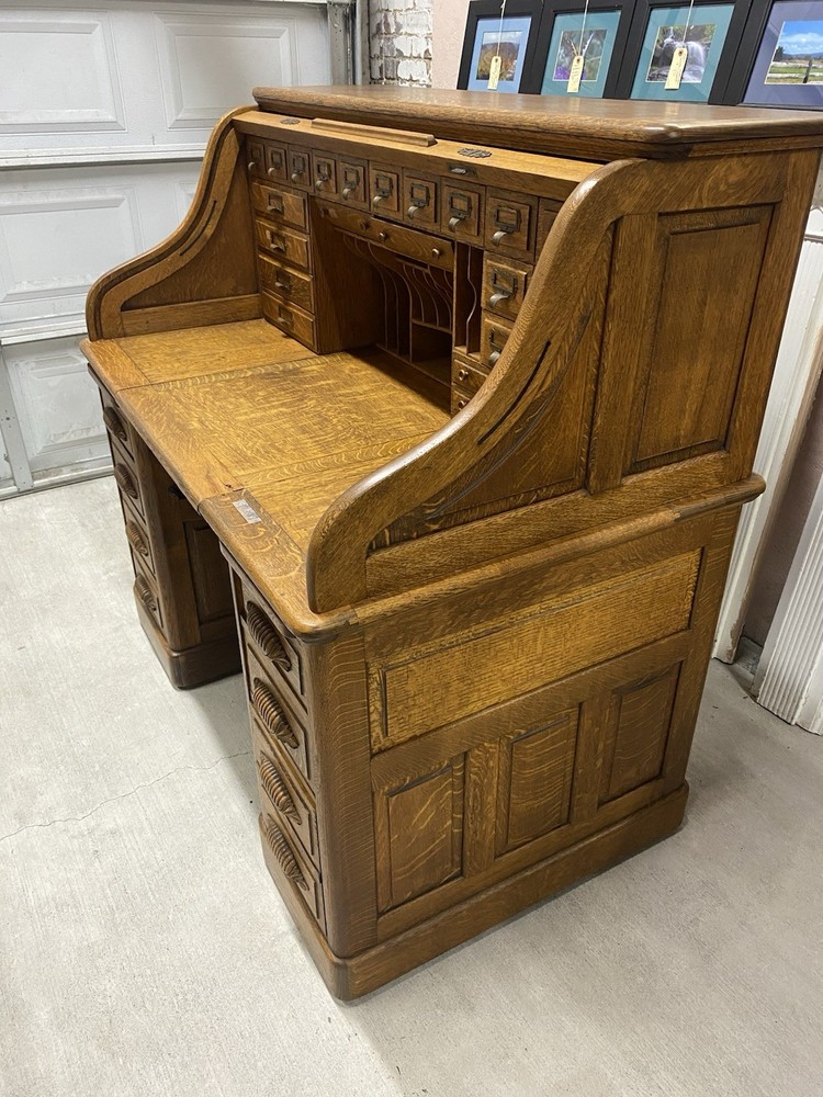 Antique S Roll Top Raised Panel Office Library Desk, W/ Rare Typewriter Holder
