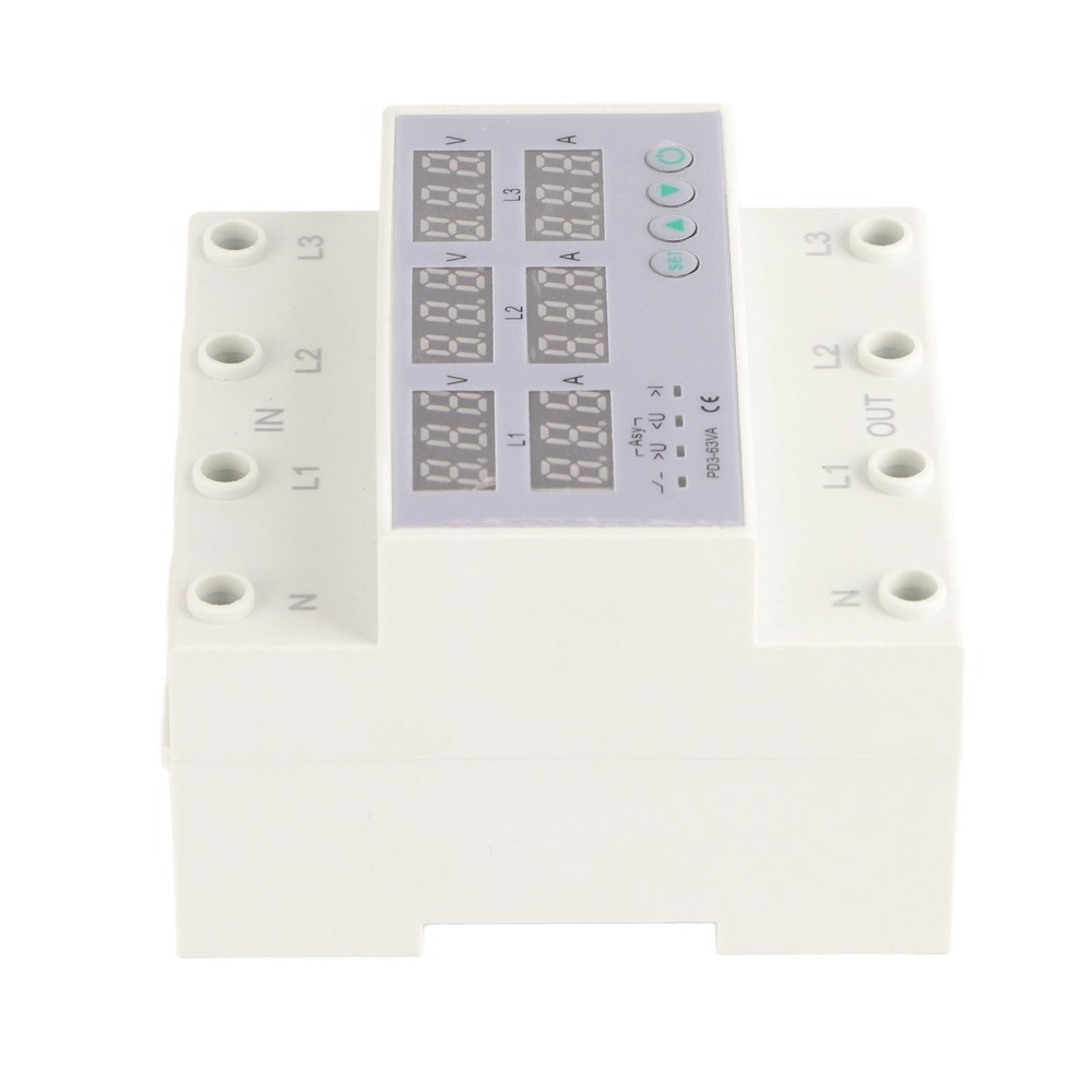 63A 3Phase DIN Rail Voltmeter Ammeter Auto-Overvoltage Overcurrent Protector AC