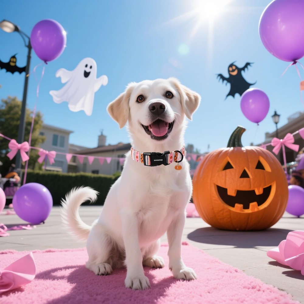M Pink Halloween Fall Dog Collar, Adjustable, Classic, Small, Medium, Large