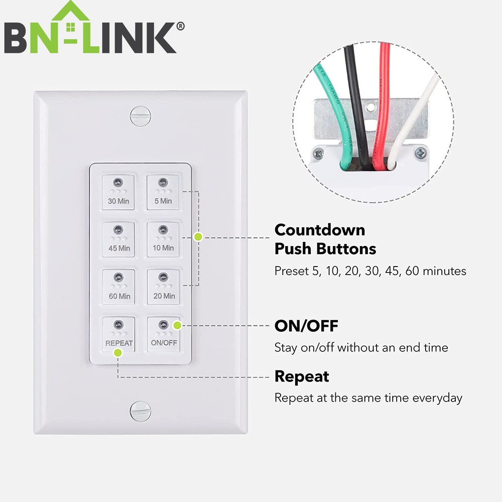 BN-LINK 2Pcs Countdown Digital In-wall Timer Switch w/Push Button for fan,lights
