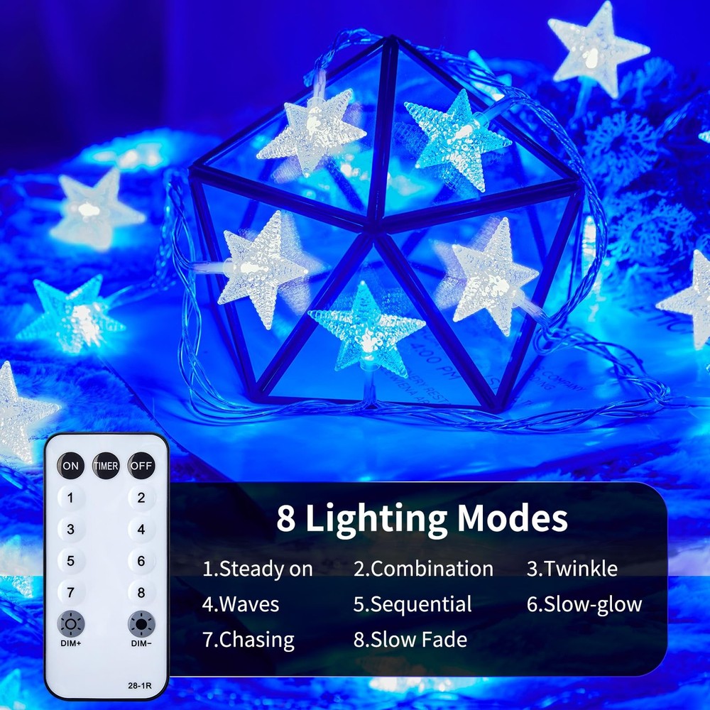 33Ft Blue Led Star String Lights With Remote Control And 8 Lighting Modes