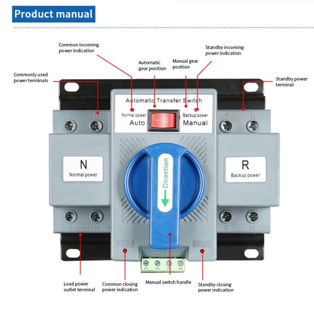 Reliable 2-Position 63A Transfer Switch with Manual Control for Versatile Use