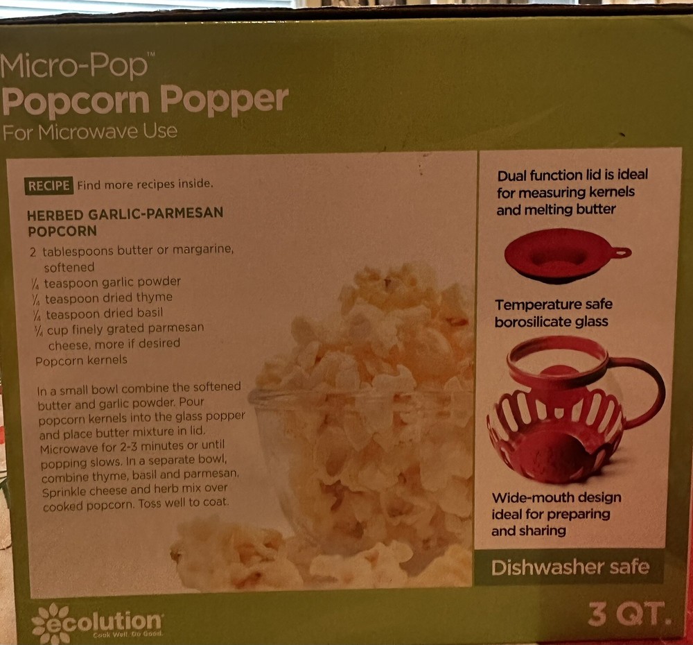 Microwave Popcorn Popper Glass Red Ecolution Micro-Pop 3 Quart In box easy clean
