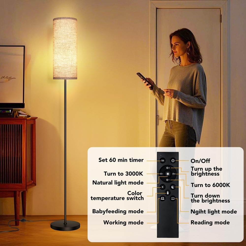 Modern Floor Lamp with Remote Control - Stepless Dimmable LED Bulb, Adjustabl...