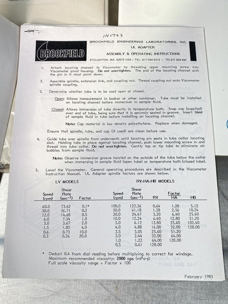 Brookfield Thermosel/ 75 Temperature Controller/ Viscosity - Users Manual / Book