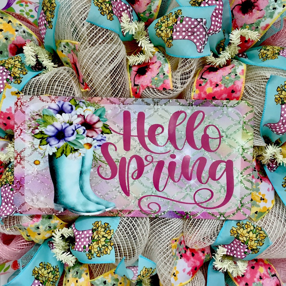 Hello Spring Floral Rain boots Pastel Wreath Handmade Deco Mesh
