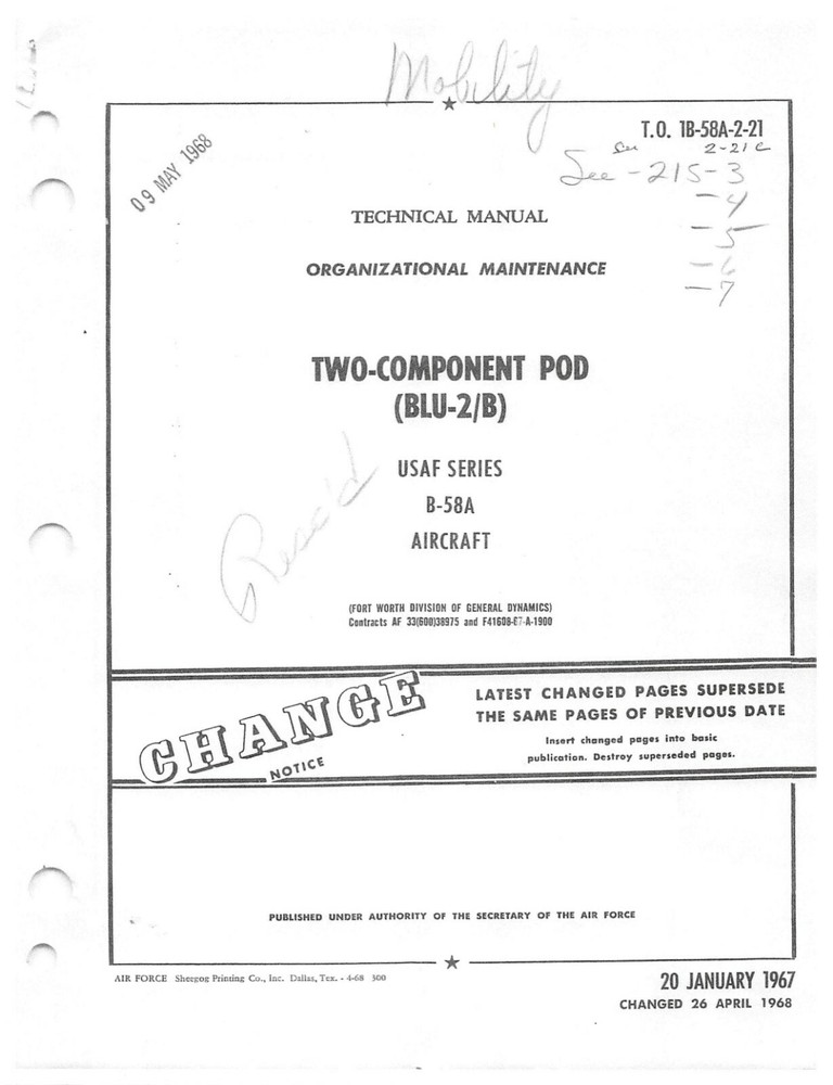 B-58 Two-Component Pod (BLU-2/B) Maintenance Air Force Manual Flight Manual  -CD