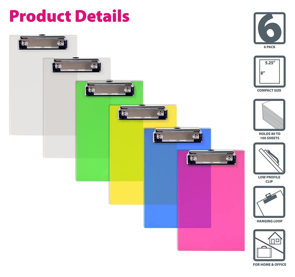 Mini Clipboards (6 Pack), Plastic, Low Profile Clips, Assorted Translucent Co...