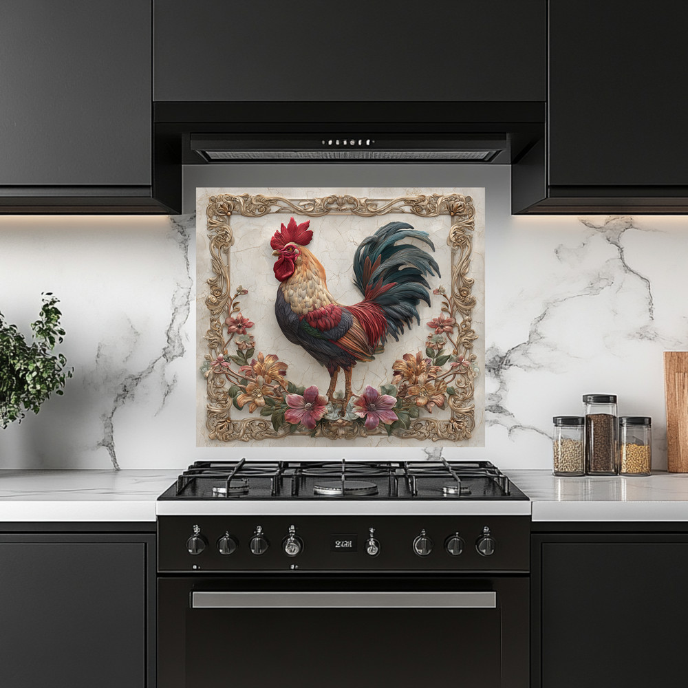 Rustic Colorful Rooster Glass Backsplash • Farmhouse Kitchen Panel