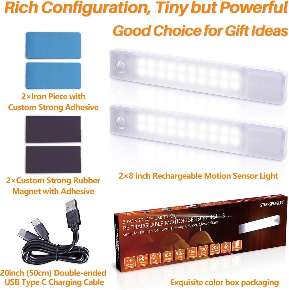 Magnetic cabinet light with motion sensor 8inch LED light 2pack USB rechargeable