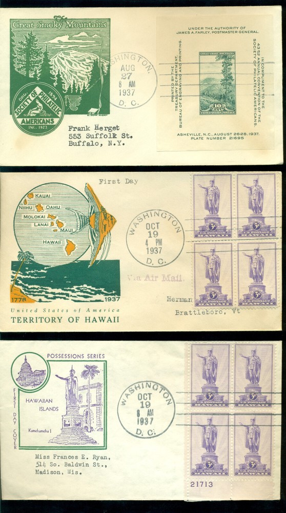 17 Different SECOND DAY Covers from 1937 -- Great Cachets Flap/Ok & S