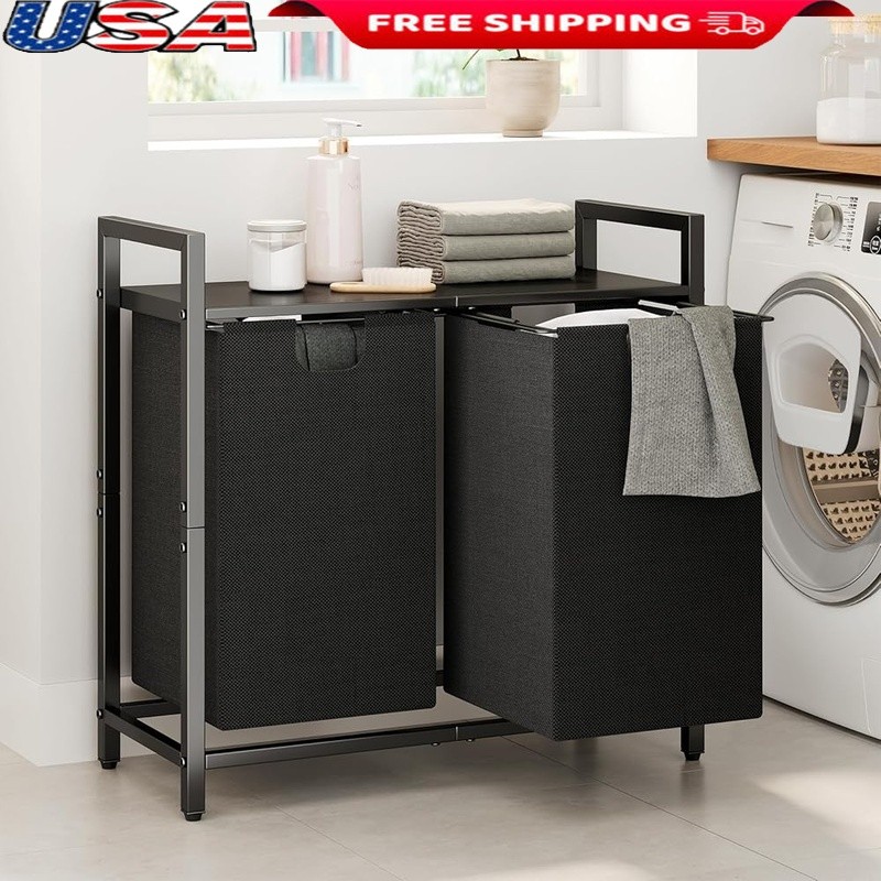 Dual Compartment Laundry Hamper W/ Pull Out Bags & Storage Shelf Organizer New