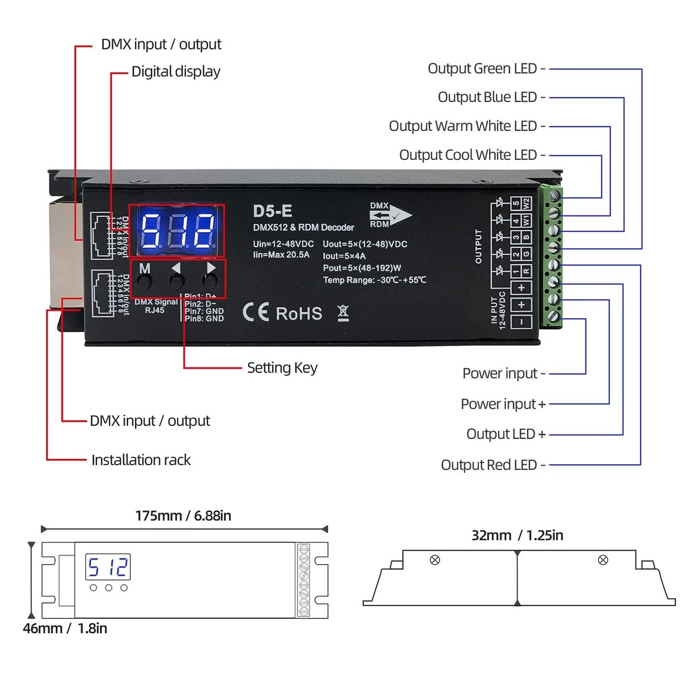 5 Channel DMX Decoder with RDM Digital DisplayDMX512 Dimmer Driver PWM RGBCCT...