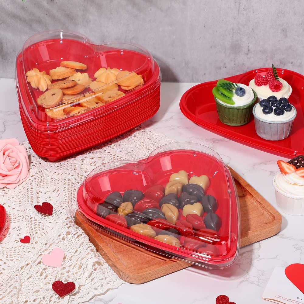 Valentine's Heart Shaped Serving Tray Platter - Red Plastic, Disposable Plates