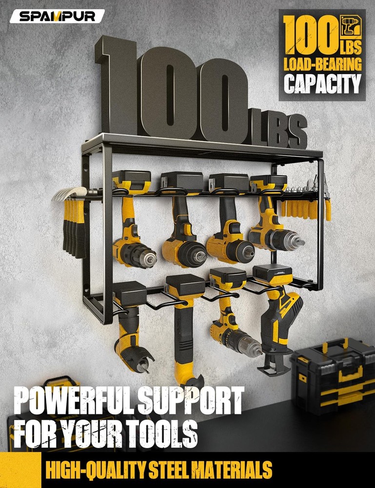 Spampur Tool Organizer - 8 Drill Holders, 3-Layer Heavy Duty Garage Storage