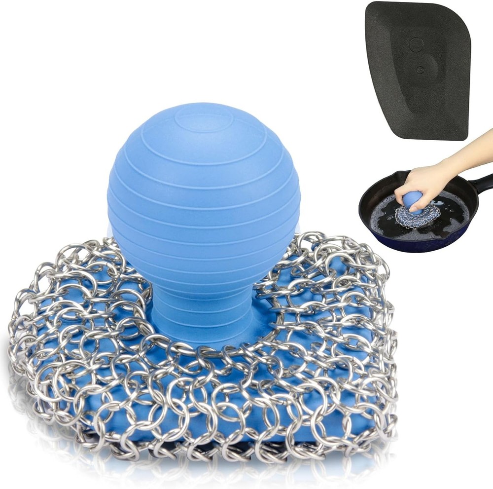 Cast Iron Scrubber with Pan Scraper, 316 Chainmail Scrubber, Upgraded