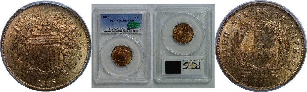 1865 Two Cent Piece   PCGS MS-66+ RB  CAC