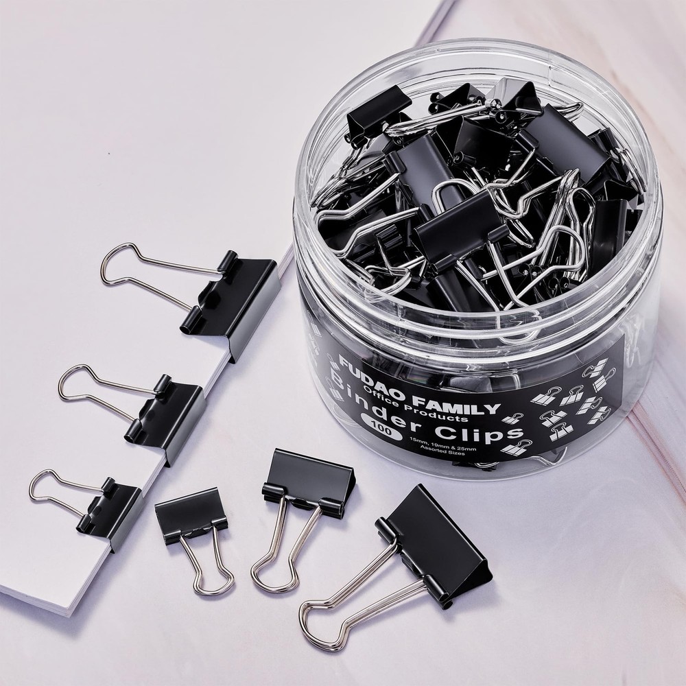 100pcs Binder Clips Assorted Sizes, Black Paper Clamps, Medium, Small, Mini 3...