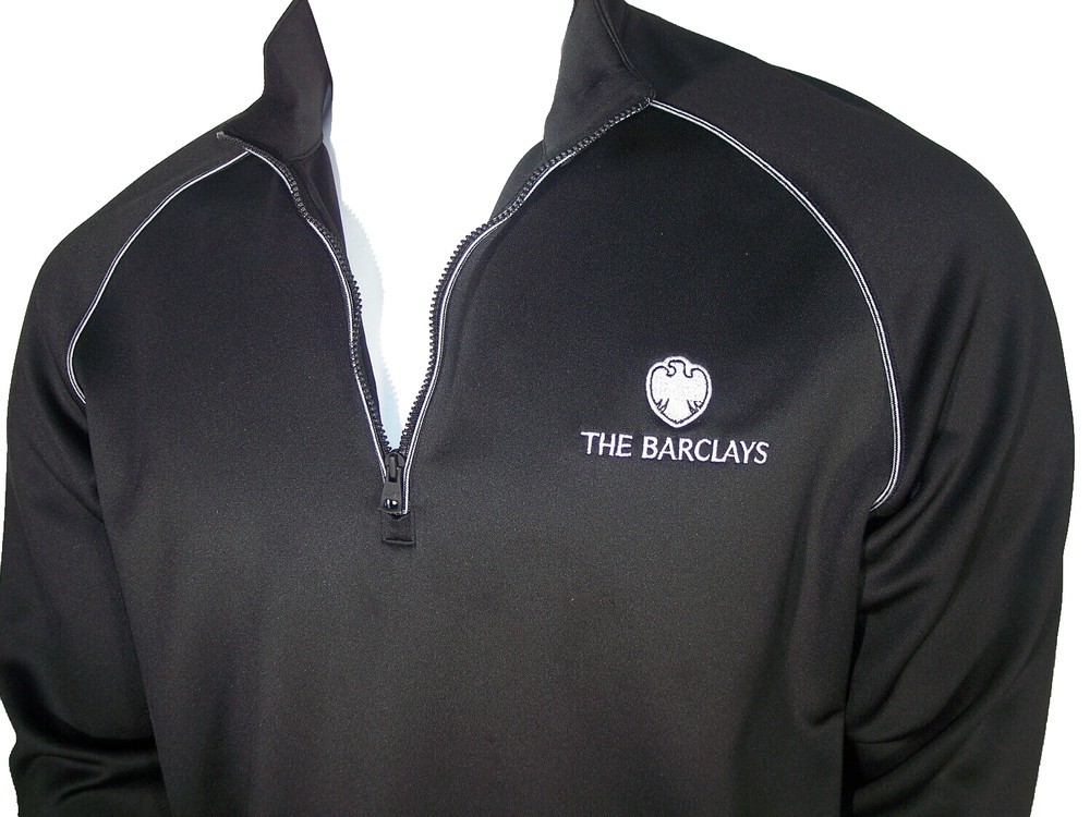 Greg Norman Med Black Poly/Spandex 1/4 Zip Pullover Barclays & Plainfield Logos