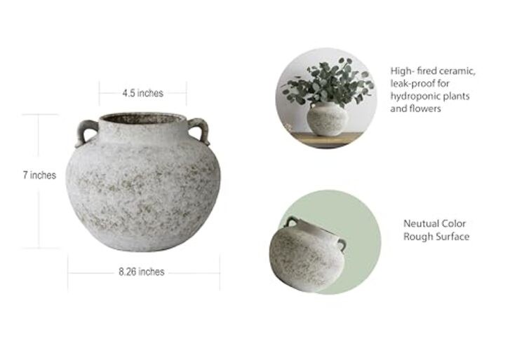 Rustic Farmhouse Textured Ceramic Vase with Two Handles, Short Rustic White