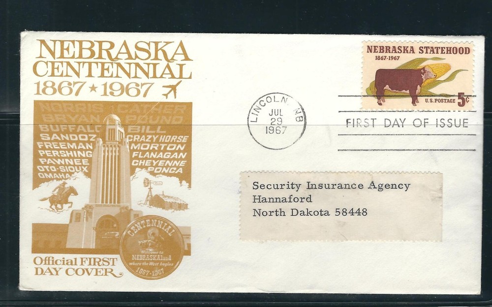 Us SC # 1328 Nebraska Statehood FDC . Cacheted Cover