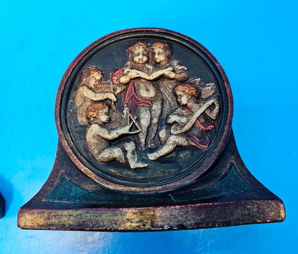 VINTAGE MUSICAL CUPID CHERUB BOOKENDS CLAY/PLASTER
