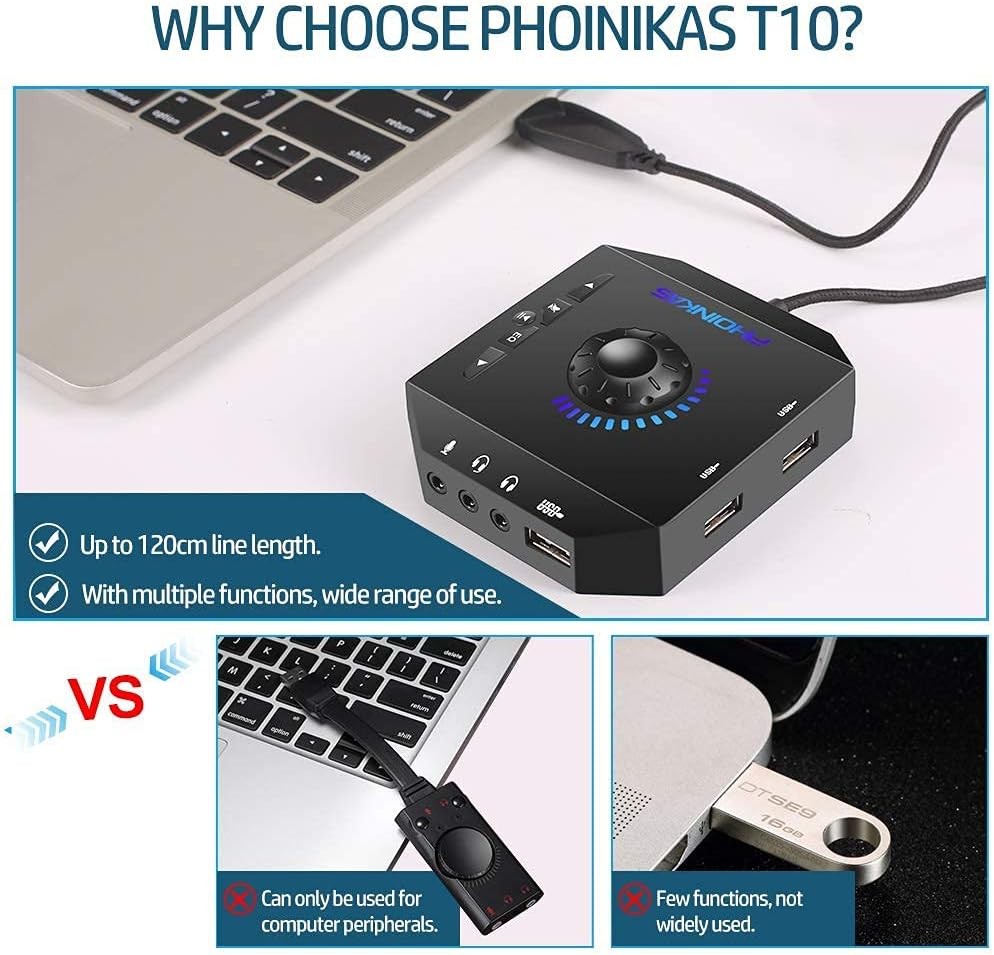 T10 External Sound Card, PHOINIKAS USB Audio Adapter for PC Windows, Mac, Linux,