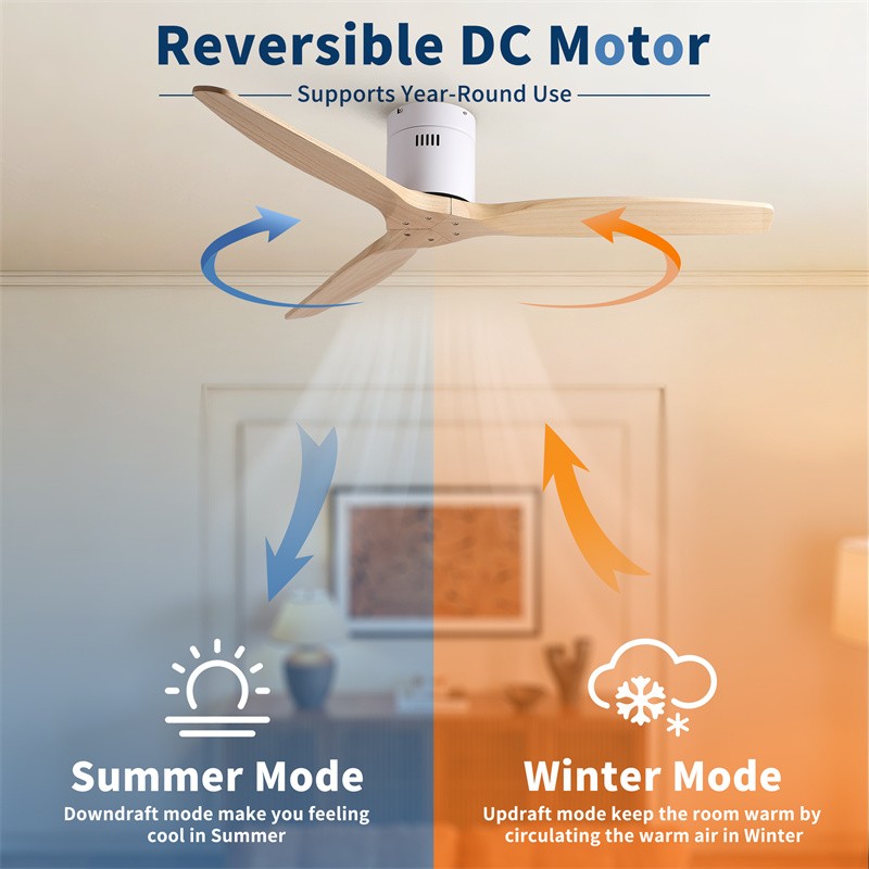 52 in Modern Flush Mount Solid Wood Ceiling Fan No Light Reversible with Remote