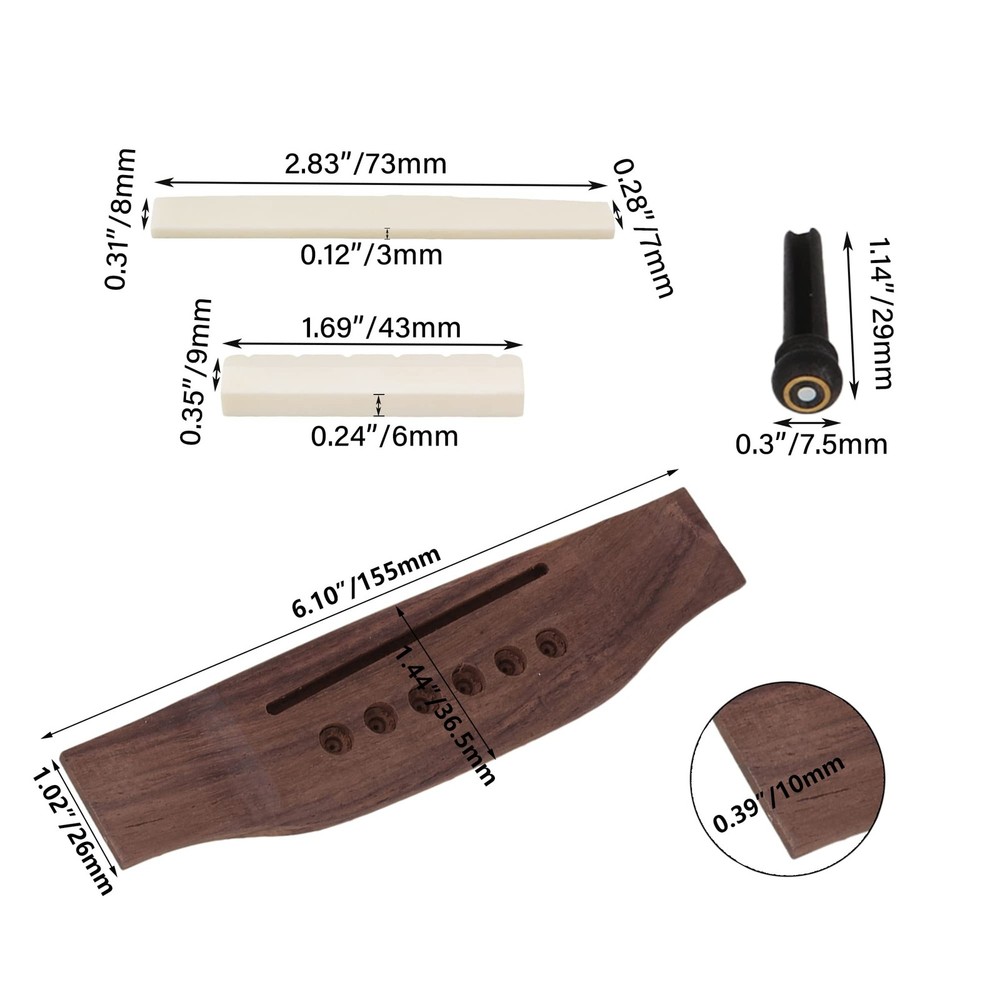 Acoustic Guitar Replacement Set Ebony Bridge End Pins Bone Saddle & Nut