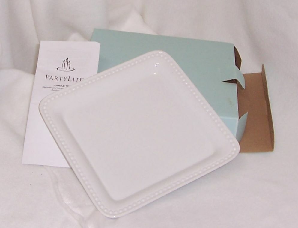 PartyLite Classic White Pillar Tray Glazed White Ceramic Square P90449