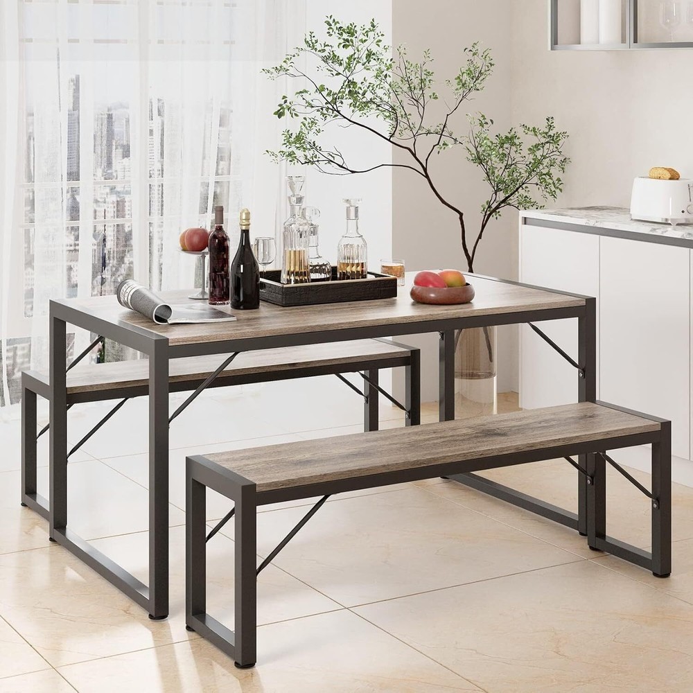45.5" Dining Table Set for 4 with 2 Benches, Kitchen Table Set with Metal Frame