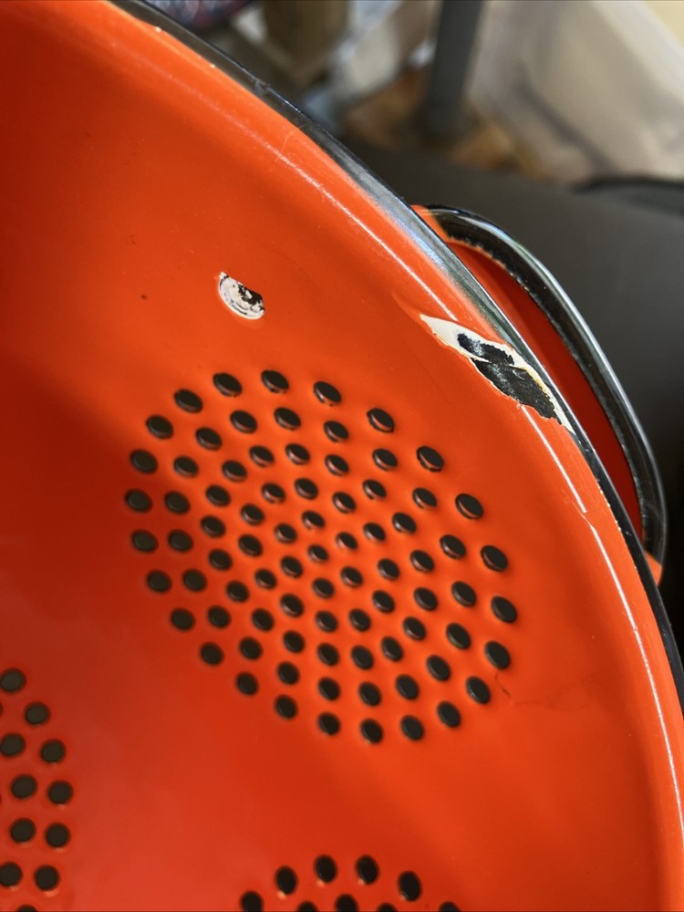 EUC-Vintage 9” Kitchen Orange Enamelware Strainer MCM Decor