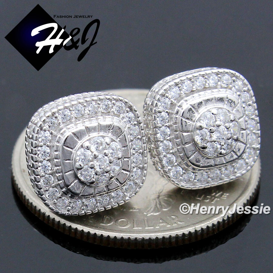MEN SOLID 925 STERLING SILVER ICY BLING CZ 11MM 3D SQUARE STUD EARRING*E216