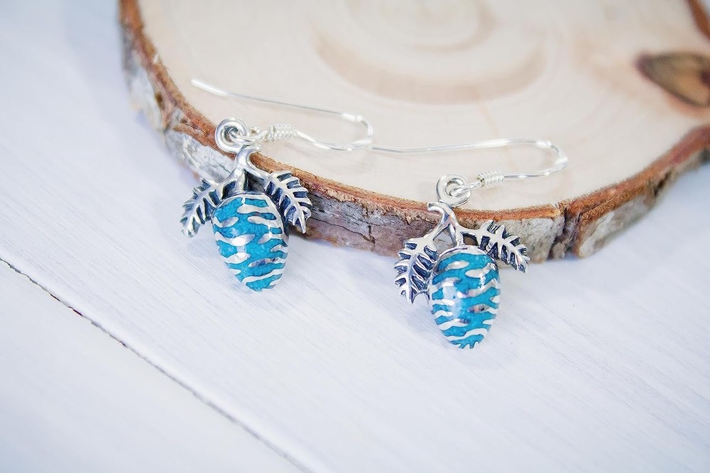 Sterling Silver Pine Cone Earrings inlaid with Turquoise