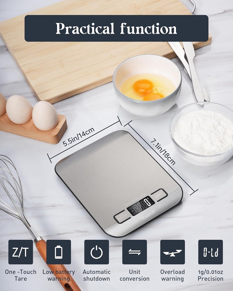 Compact 11lb Digital Food Scale with LCD Display & Tare Function, Stainless Stee