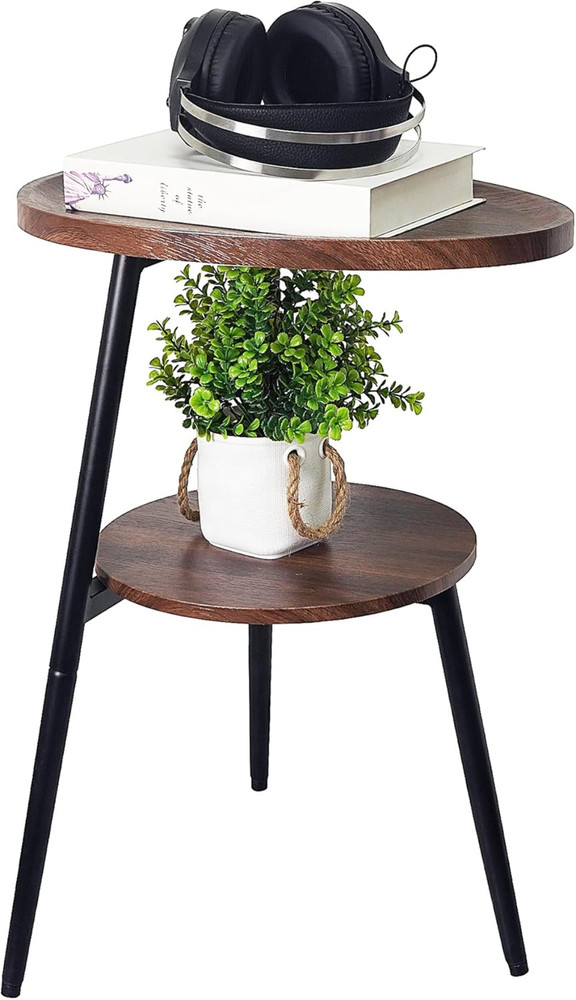 Small Oval Side Table with 2 Tier Storage - Rustic Brown Wood End Table with Met