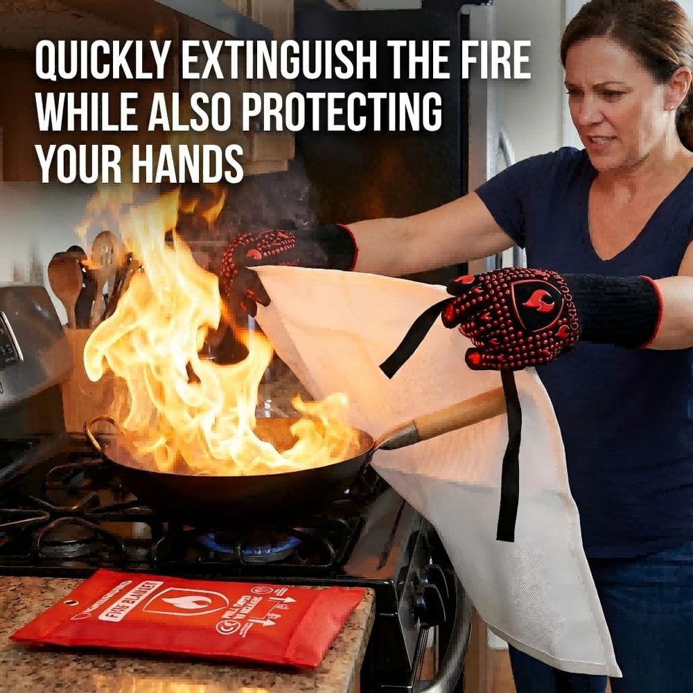 2-Pack Fire Blanket for Home and Kitchen, Includes 1 Fire Resistant Glove and...