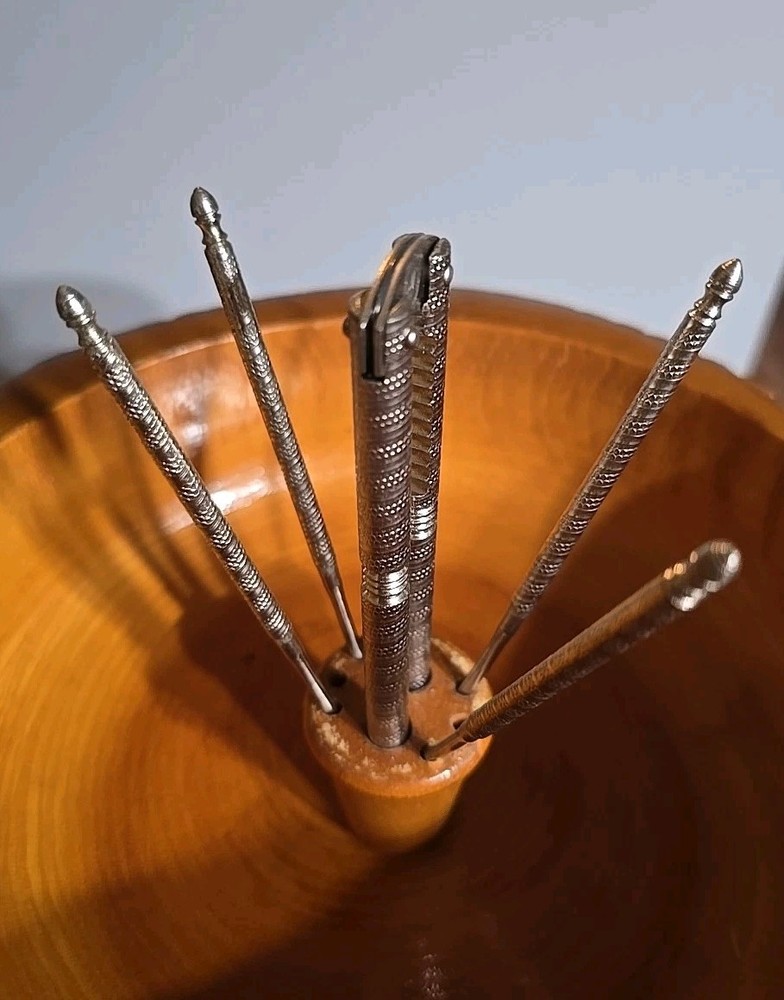 Vintage Nut Cracker & Picks Set Tree Bark Wood Bowl