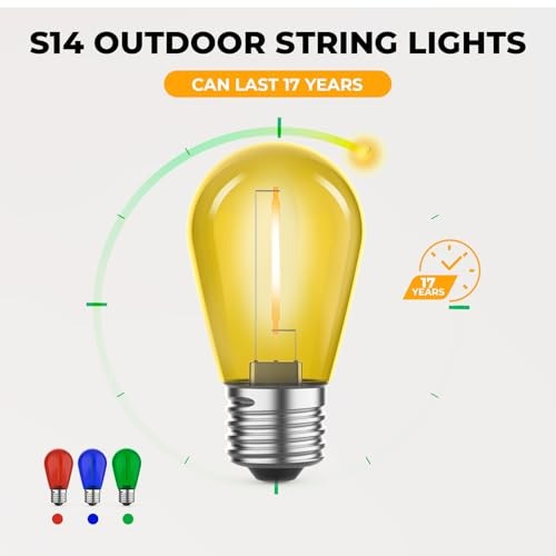 S14 Colored LED String Light Bulbs, 1W Plastic 15 Pack Multi-colored