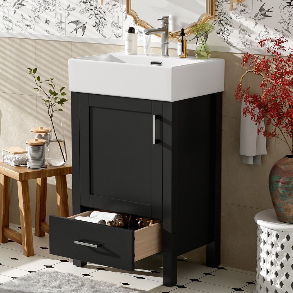 Black Modern Bathroom Vanity with Ceramic Sink, Solid Wood Frame，Storage Drawer